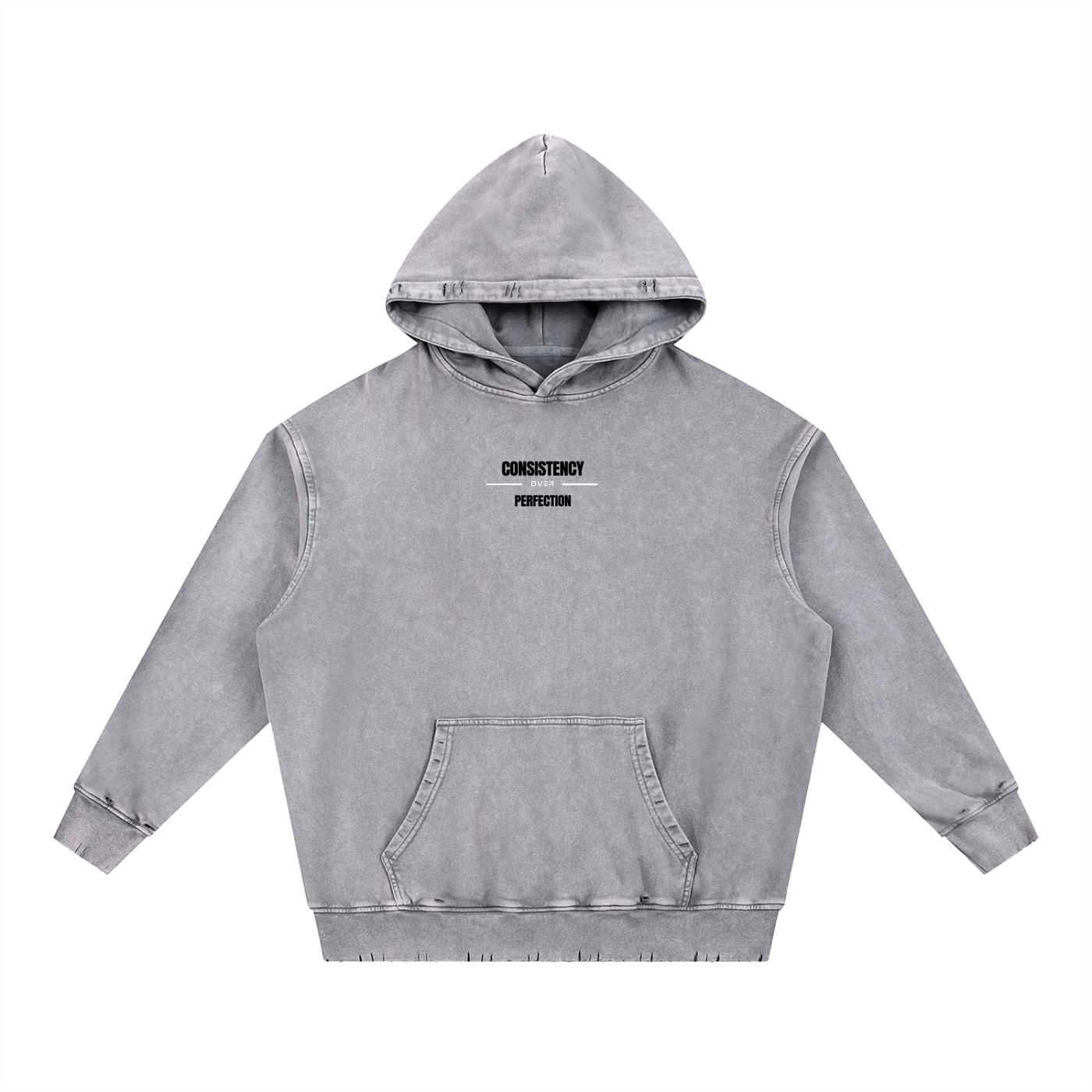 Consistency Over Perfection Frayed Heavyweight  Hoodie - Grey